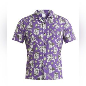 Beetlejuice Print Button-Up Cotton Shirt with Short Sleeves